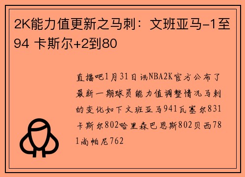 2K能力值更新之马刺：文班亚马-1至94 卡斯尔+2到80